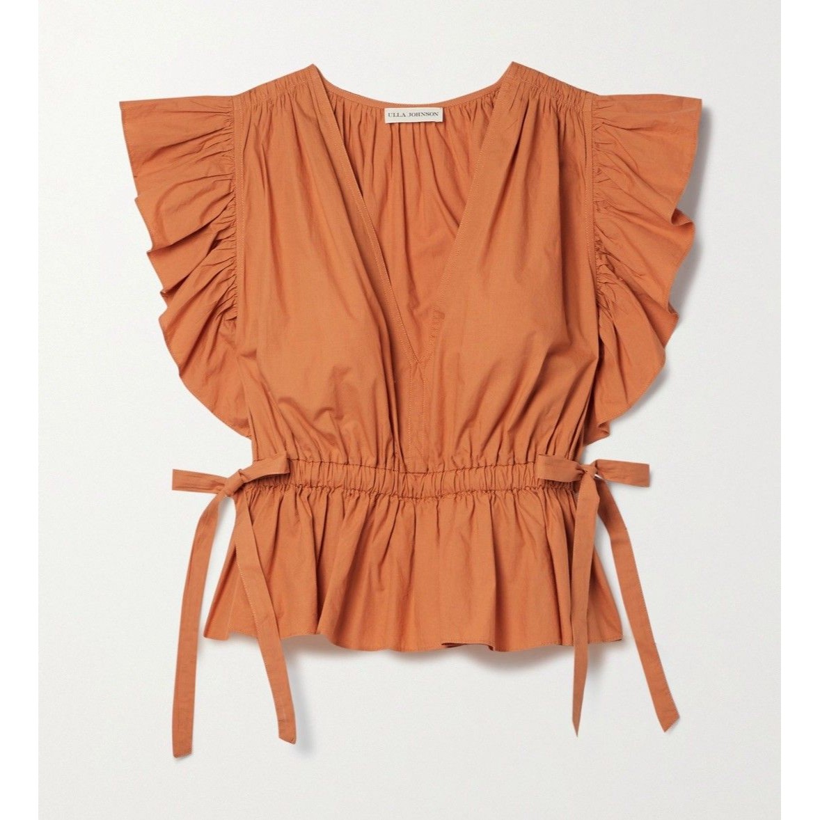 Ulla Johnson Lyla Flutter Sleeve Peplum Top Women’s 2 Orange Clay Bowtie Ruffle